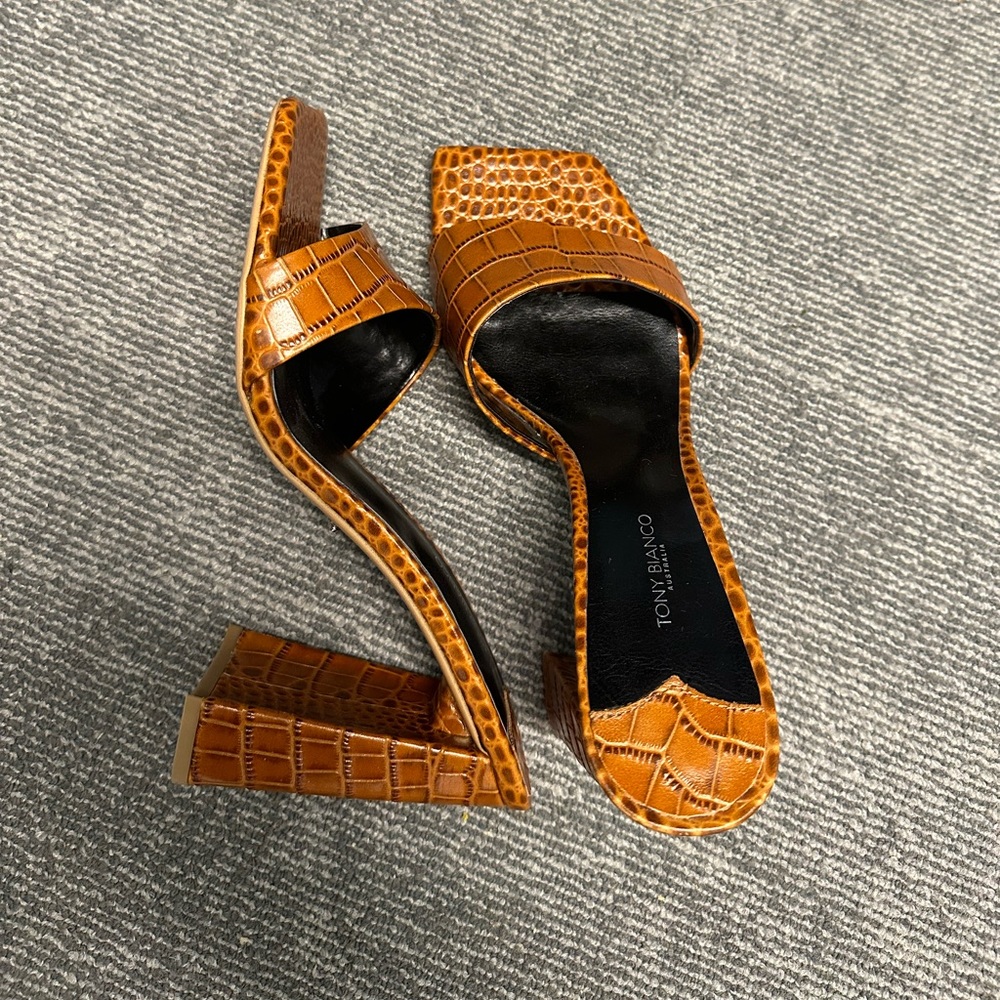 Tony Bianco Cognac Croc-Embossed Block Heel Sandals